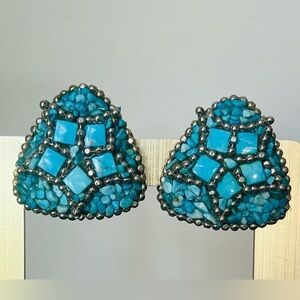 Michele Sugar turquoise color mosaic vintage clip earrings